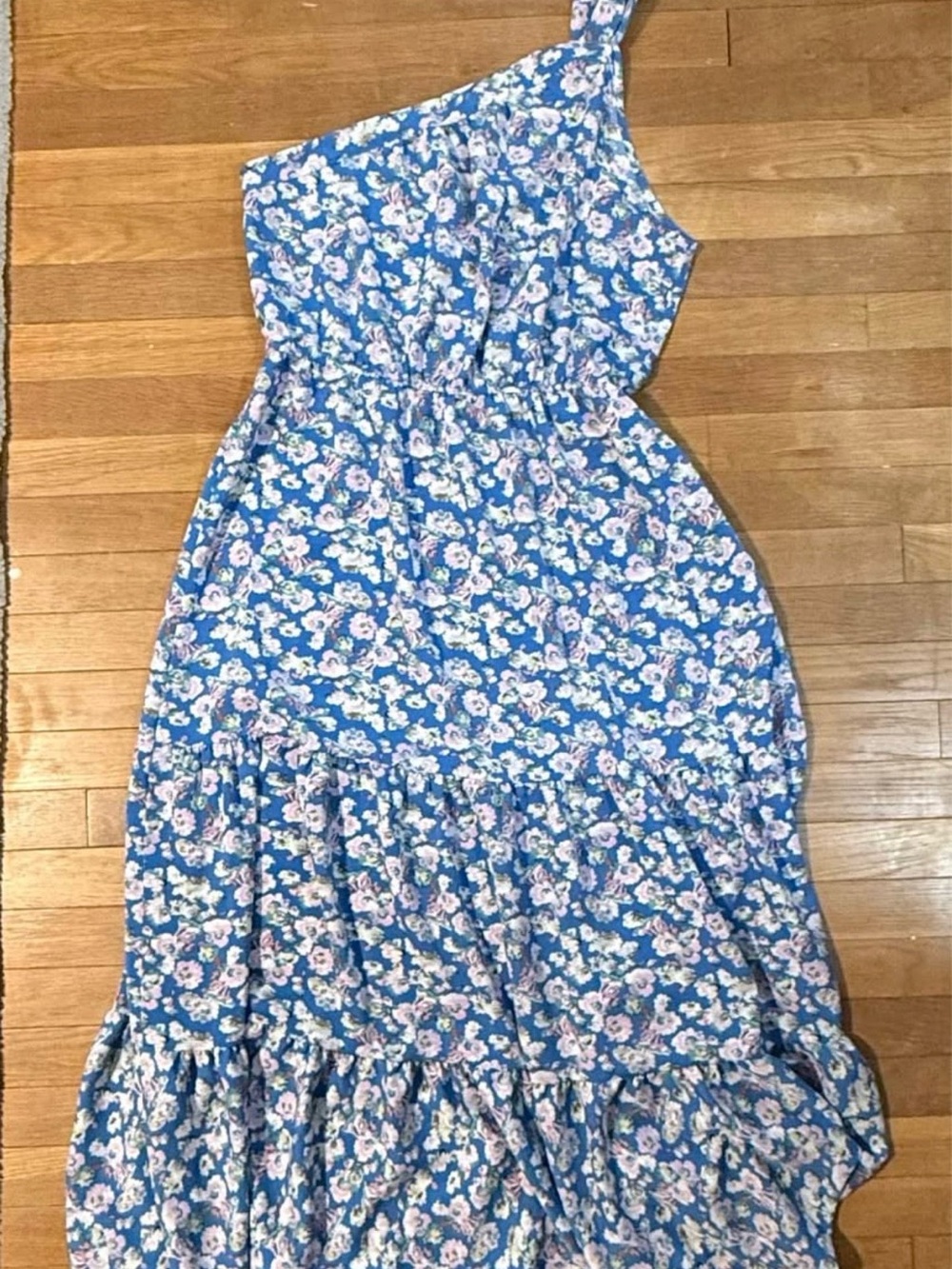 One-Shoulder Blue Floral Maxi Dress